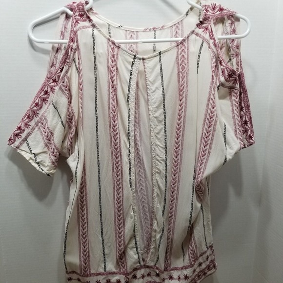Women's Blouse Kori America Size Small Cream and Red Open Back Cold Shoulder - Picture 6 of 13